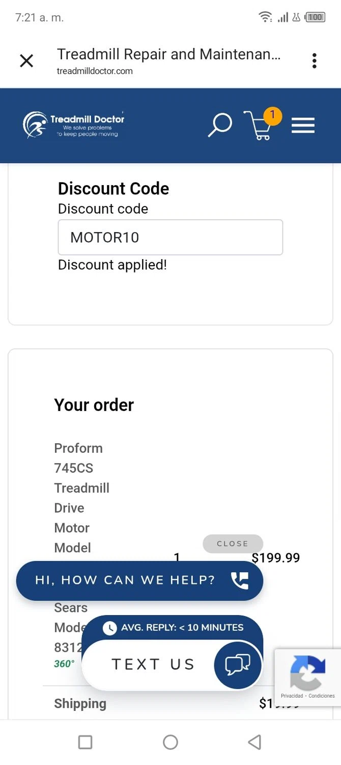 Treadmill Doctor discount code screenshot showing code MOTOR10 applied at Treadmill Doctor checkout page. Uploaded by SimplyCodes community member tumiedo on Dec 7, 2025