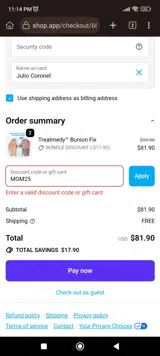 MOM25 coupon verification screenshot