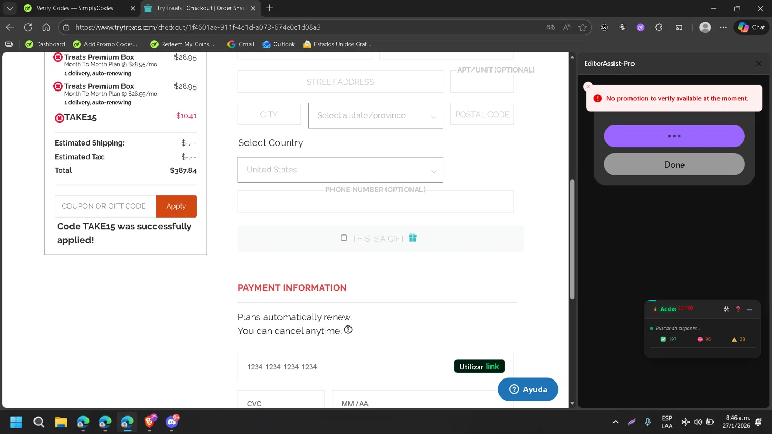 Treats checkout page showing Treats promo code box | Screenshot taken by SimplyCodes community member on Jan 27, 2026