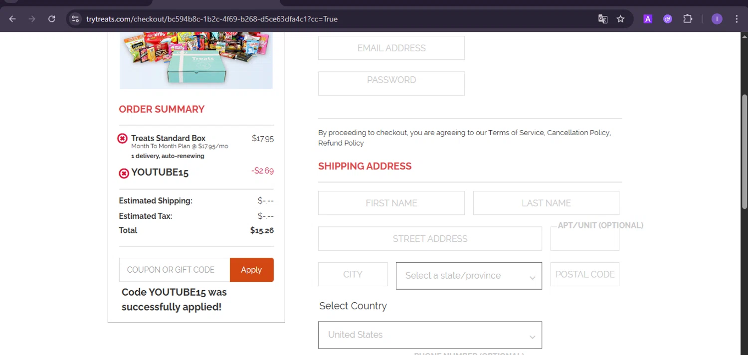 Treats checkout page showing Treats promo code box | Screenshot taken by SimplyCodes community member on Aug 10, 2025