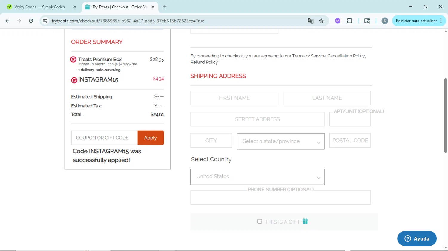 Treats checkout page showing Treats promo code box | Screenshot taken by SimplyCodes community member on Aug 10, 2025