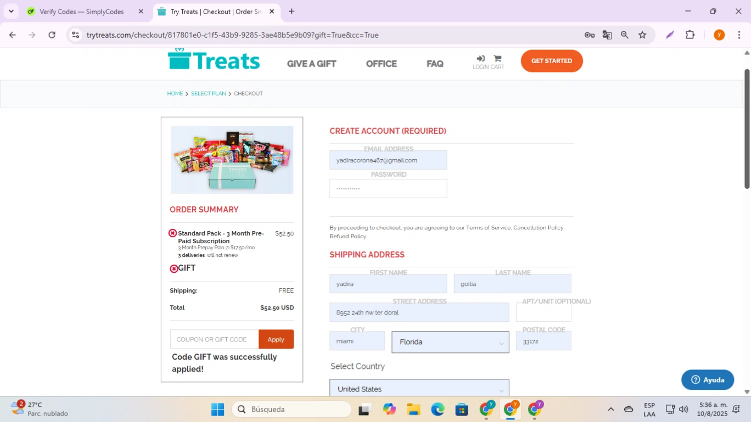 Treats promo code screenshot showing code GIFT applied at Treats checkout page. Uploaded by SimplyCodes community member ycg487 on Aug 10, 2025