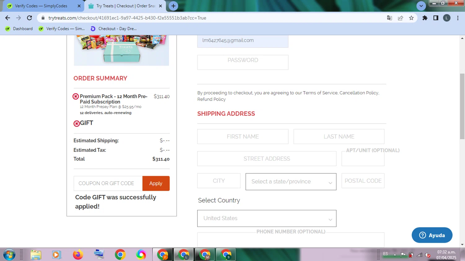 Treats promo code screenshot showing code GIFT applied at Treats checkout page. Uploaded by SimplyCodes community member EpicHunter3207 on Apr 7, 2025