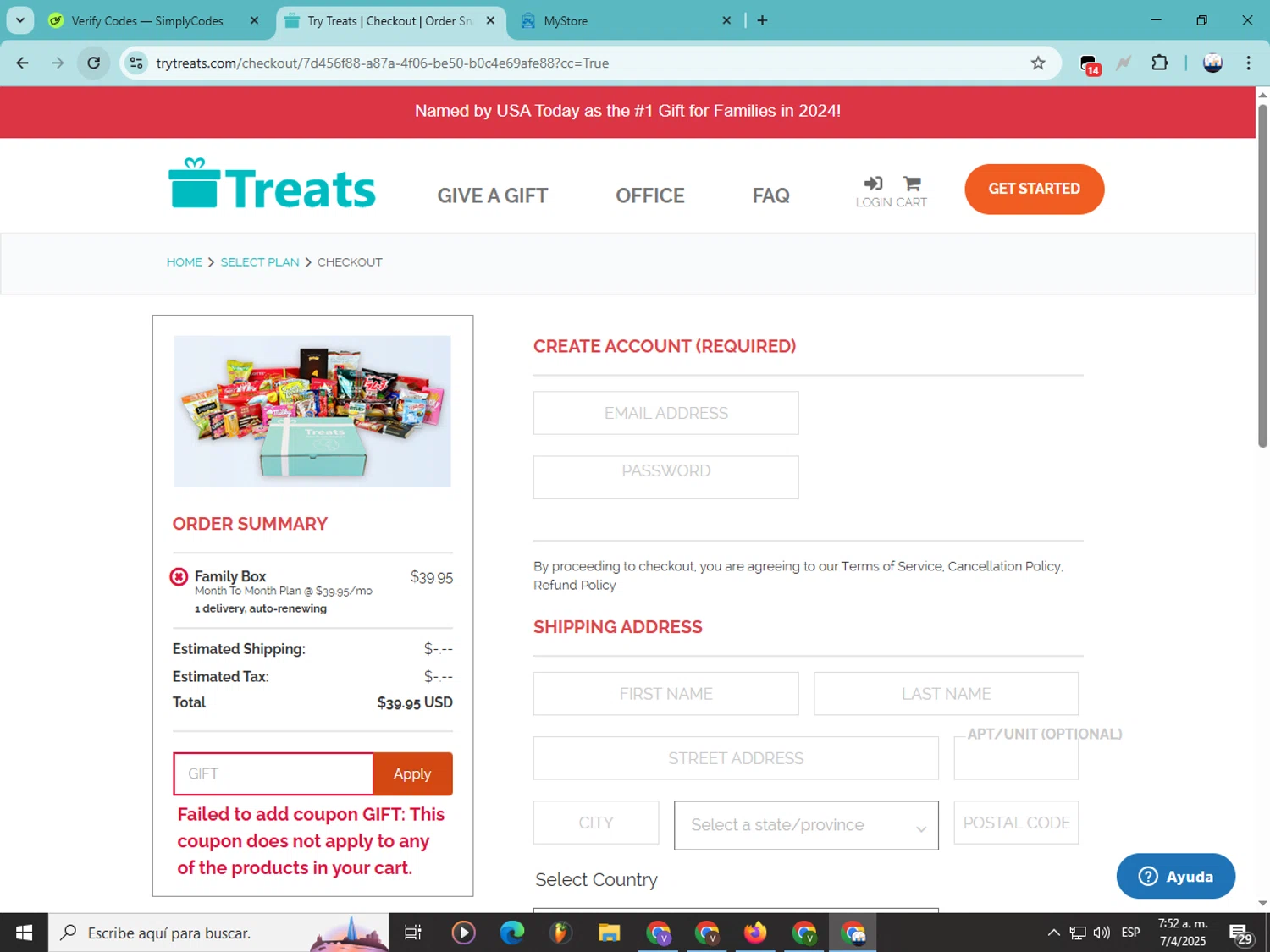 Treats promo code screenshot showing code GIFT applied at Treats checkout page. Uploaded by SimplyCodes community member Soyvictor on Apr 7, 2025
