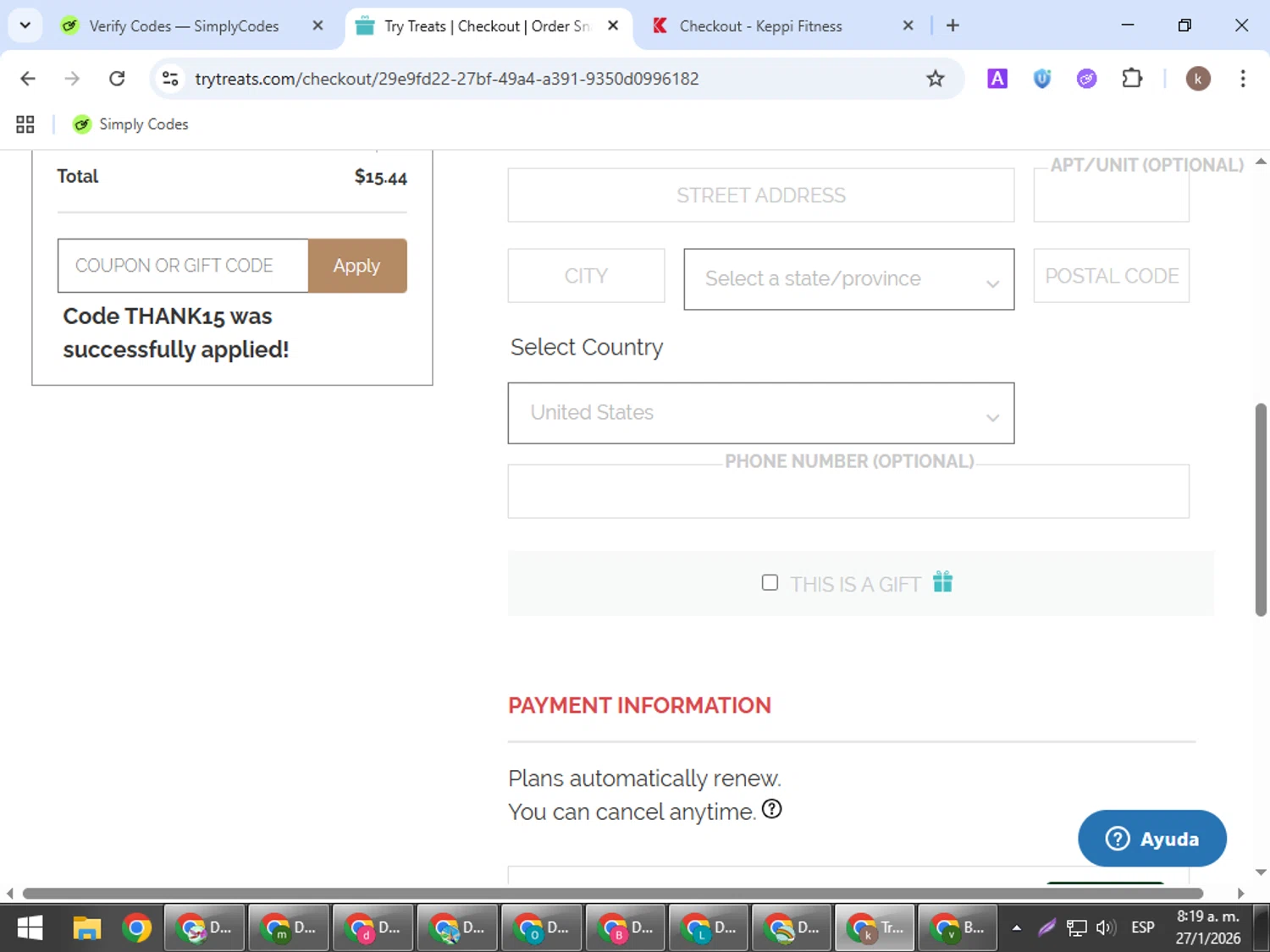 Treats promo code screenshot showing code THANK15 applied at Treats checkout page. Uploaded by SimplyCodes community member RewardRanger298 on Jan 27, 2026