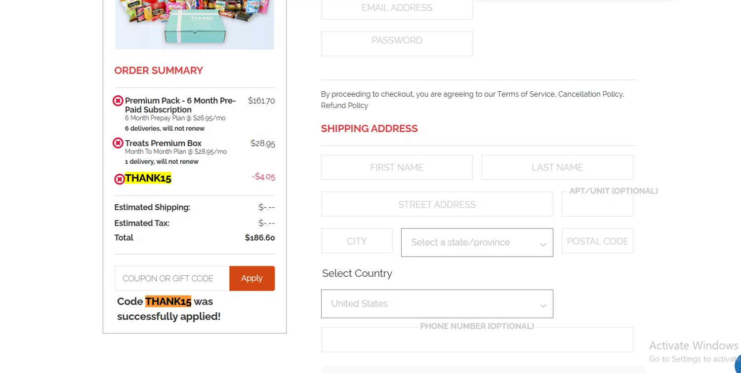 Treats promo code screenshot showing code THANK15 applied at Treats checkout page. Uploaded by SimplyCodes community member Lioniel on Nov 28, 2025