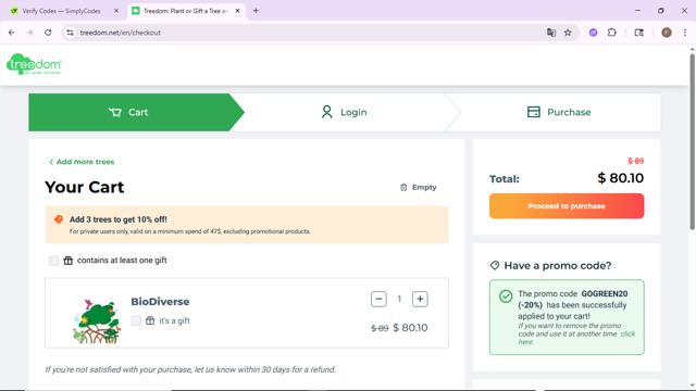 Treedom checkout page showing Treedom promo code box | Screenshot taken by SimplyCodes community member on Jul 1, 2025