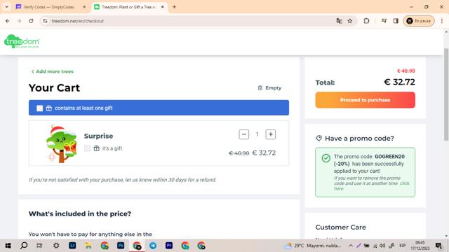 Treedom checkout page showing Treedom promo code box | Screenshot taken by SimplyCodes community member on Dec 17, 2023