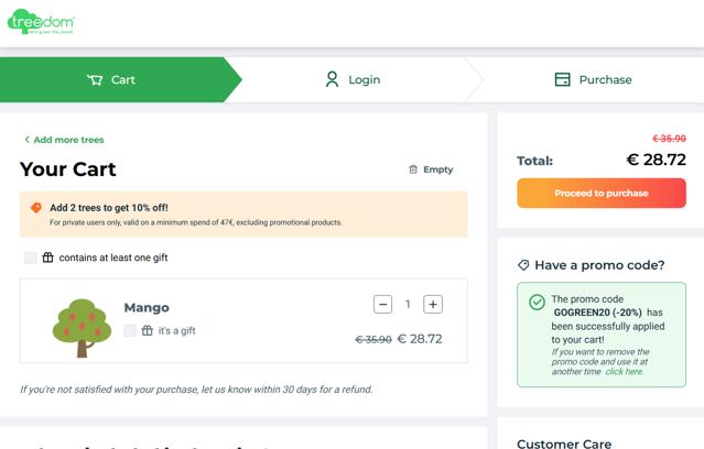 Treedom checkout page showing Treedom promo code box | Screenshot taken by SimplyCodes community member on May 27, 2025