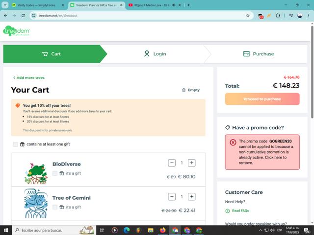 Treedom checkout page showing Treedom promo code box | Screenshot taken by SimplyCodes community member on Jun 17, 2025