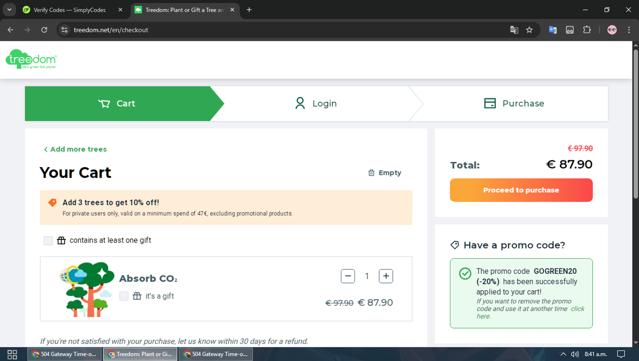 Treedom checkout page showing Treedom promo code box | Screenshot taken by SimplyCodes community member on Mar 20, 2025