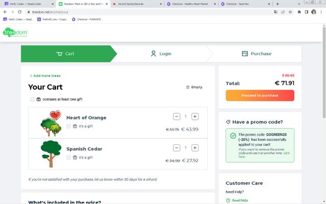 Treedom checkout page showing Treedom promo code box | Screenshot taken by SimplyCodes community member on Feb 14, 2024