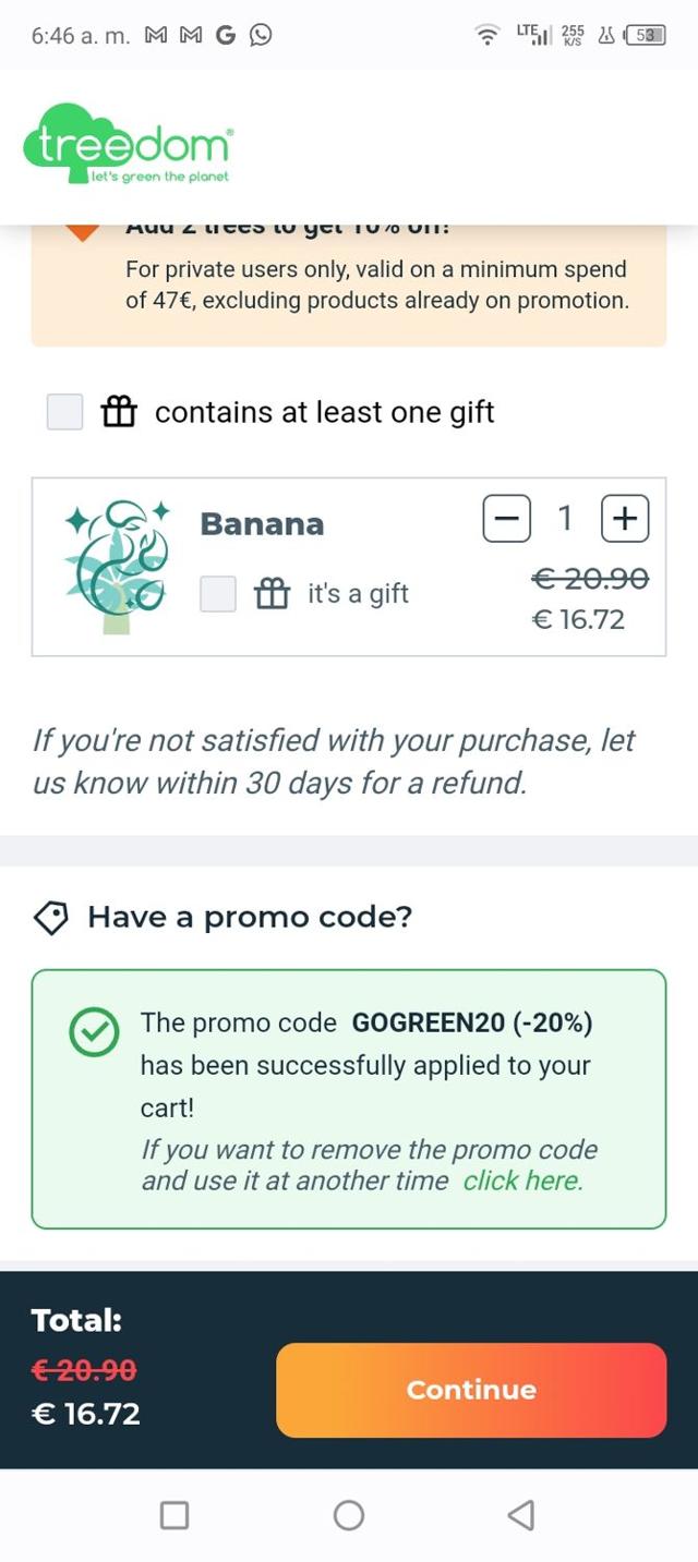 Treedom checkout page showing Treedom promo code box | Screenshot taken by SimplyCodes community member on Oct 20, 2023