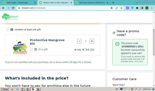 Treedom checkout page showing Treedom promo code box | Screenshot taken by SimplyCodes community member on May 20, 2025