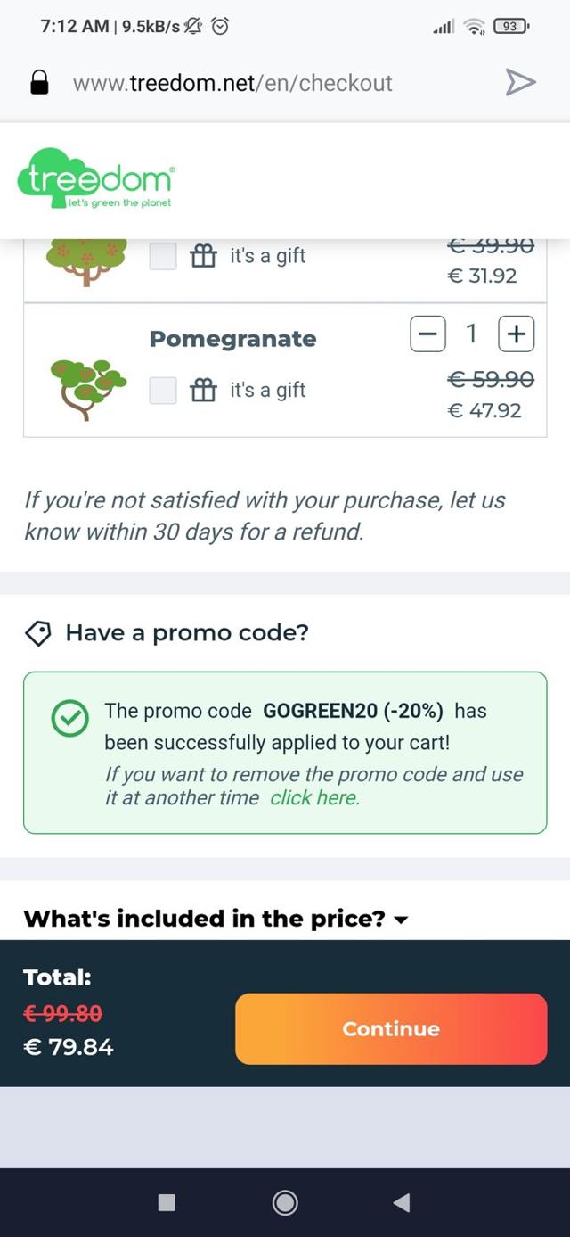 Treedom checkout page showing Treedom promo code box | Screenshot taken by SimplyCodes community member on Nov 18, 2023