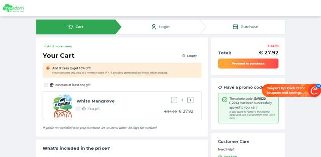 Treedom checkout page showing Treedom promo code box | Screenshot taken by SimplyCodes community member on May 22, 2024