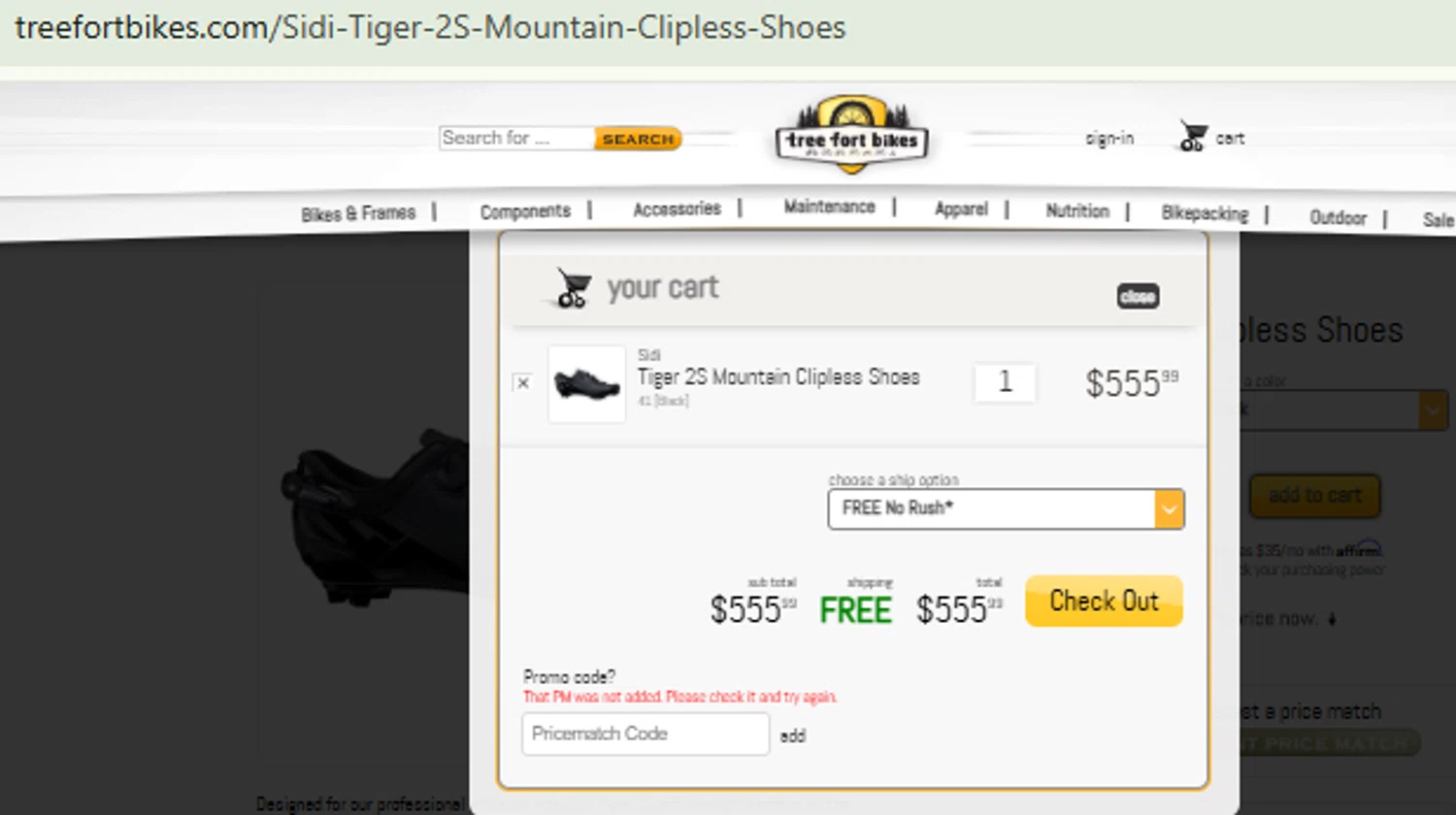 Tree Fort Bikes promo code screenshot showing code BIKES10 applied at Tree Fort Bikes checkout page. Uploaded by SimplyCodes community member CashMaestro9337 on Jul 5, 2025