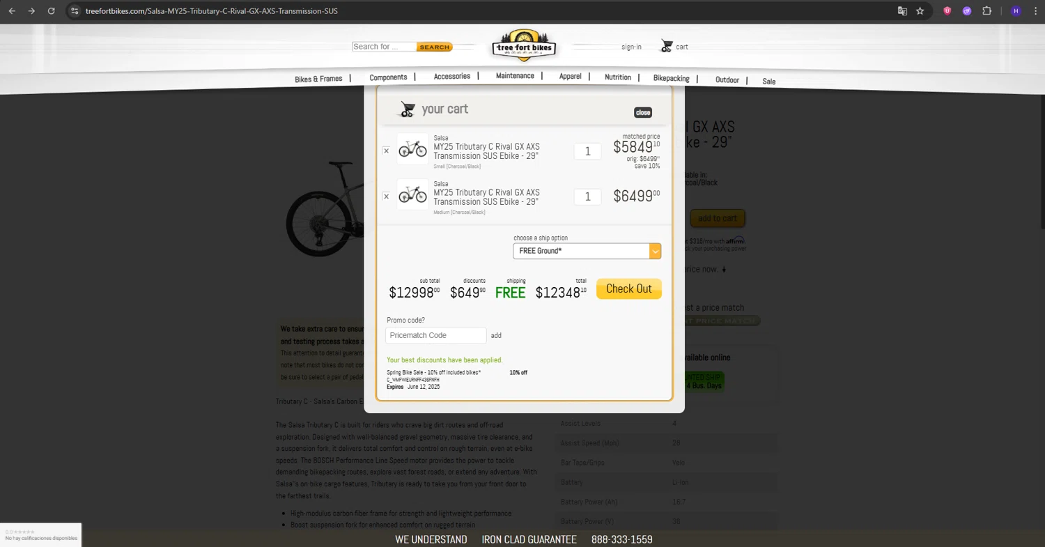 Tree Fort Bikes checkout page showing Tree Fort Bikes promo code box | Screenshot taken by SimplyCodes community member on Jun 5, 2025