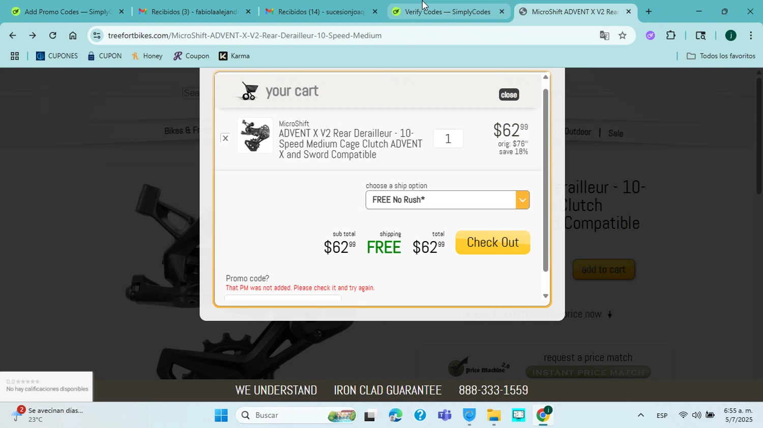 Tree Fort Bikes promo code screenshot showing code BIKES10 applied at Tree Fort Bikes checkout page. Uploaded by SimplyCodes community member jorgejavierherrera on Jul 5, 2025