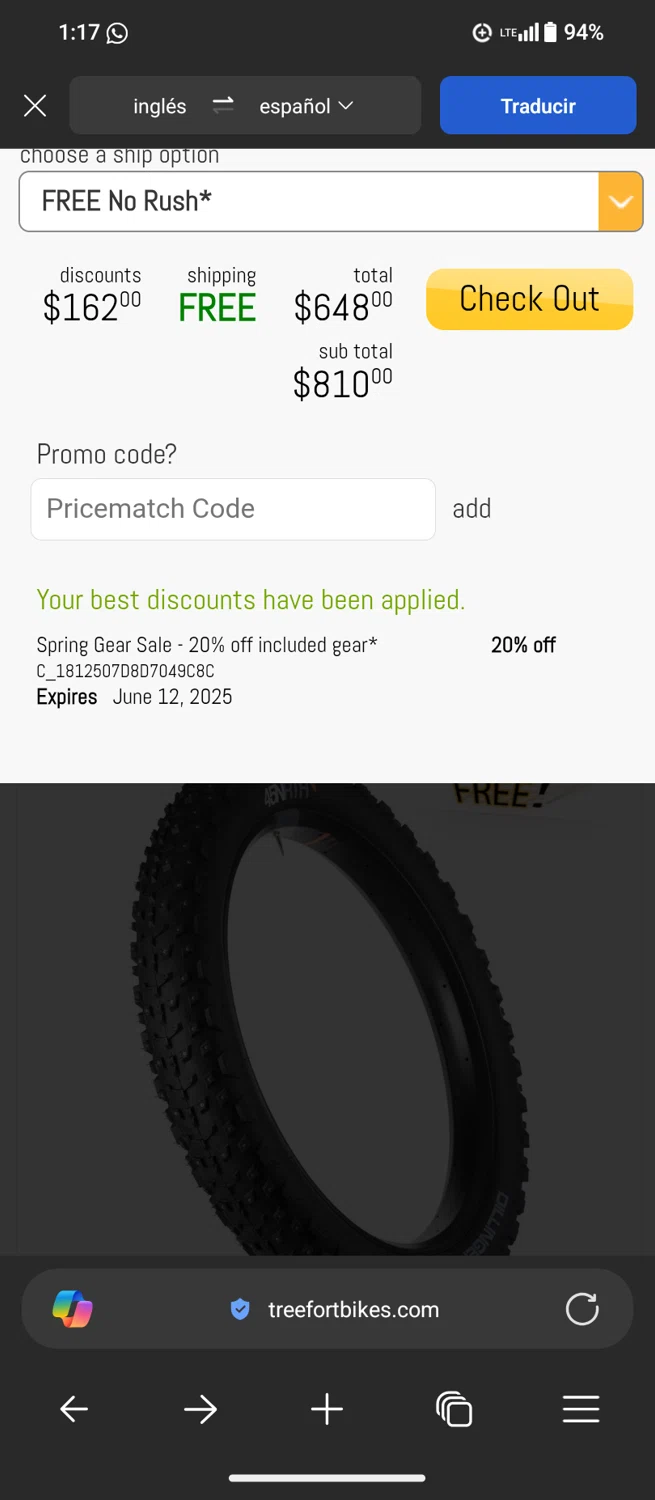 Tree Fort Bikes promo code screenshot showing code C_1812507D8D7049C8C applied at Tree Fort Bikes checkout page. Uploaded by SimplyCodes community member MagnificentTiger8908 on Jun 5, 2025