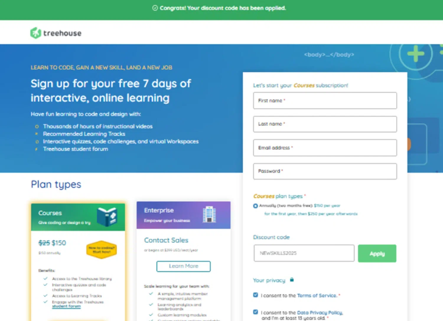 Treehouse promo code screenshot showing code newskills2025 applied at Treehouse checkout page. Uploaded by SimplyCodes community member lyffytaro on Apr 6, 2026