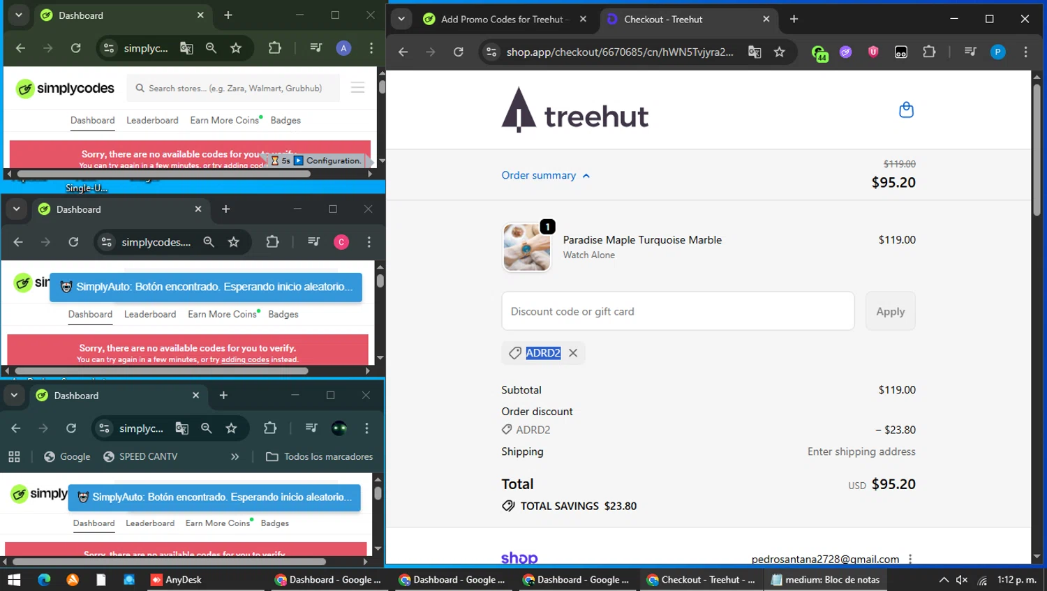 Treehut discount code screenshot showing code ADRD2 applied at Treehut checkout page. Uploaded by SimplyCodes community member MAVESA on Feb 9, 2026