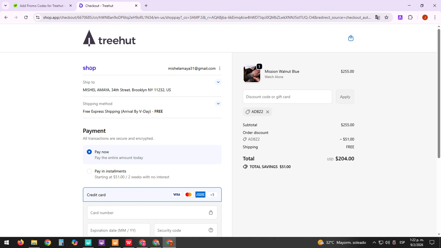 Treehut discount code screenshot showing code ADBZ2 applied at Treehut checkout page. Uploaded by SimplyCodes community member TreasureTracker4321 on Feb 9, 2026