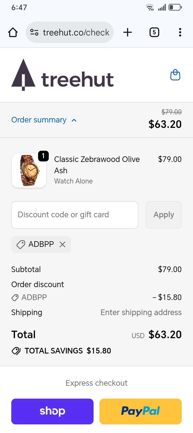 Treehut discount code screenshot showing code ADBPP applied at Treehut checkout page. Uploaded by SimplyCodes community member franksanchez on Feb 10, 2026