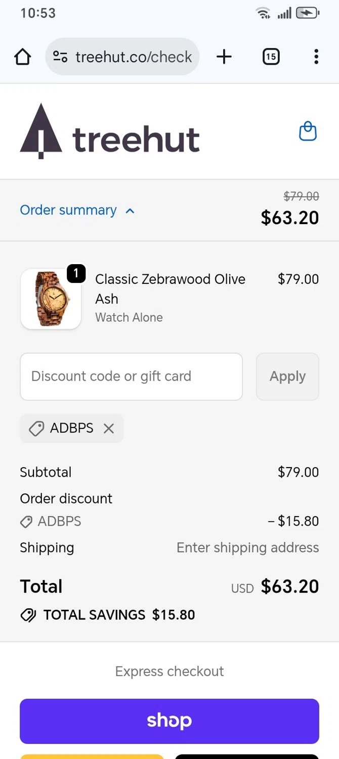 Treehut discount code screenshot showing code ADBPS applied at Treehut checkout page. Uploaded by SimplyCodes community member franksanchez on Feb 11, 2026
