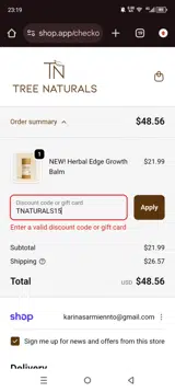 TNATURALS15 coupon verification screenshot