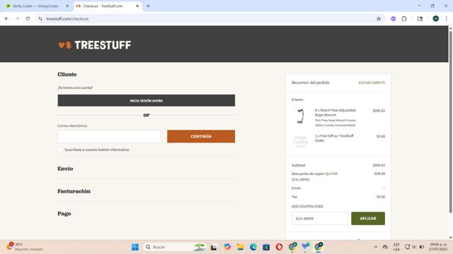 TreeStuff.com checkout page showing TreeStuff.com coupon code box | Screenshot taken by SimplyCodes community member on Jul 27, 2025