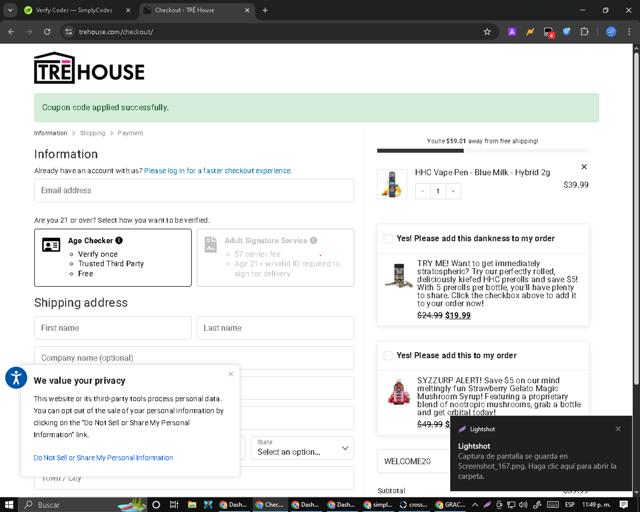 TRĒ House checkout page showing TRĒ House promo code box | Screenshot taken by SimplyCodes community member on Sep 4, 2025