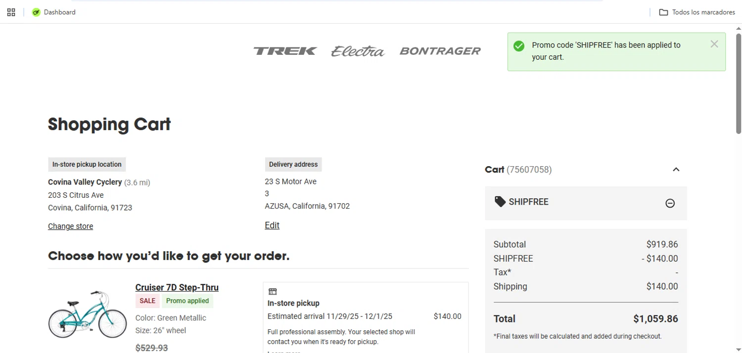 Trek Bicycle Superstore promo code screenshot showing code SHIPFREE applied at Trek Bicycle Superstore checkout page. Uploaded by SimplyCodes community member Speedy on Nov 27, 2025