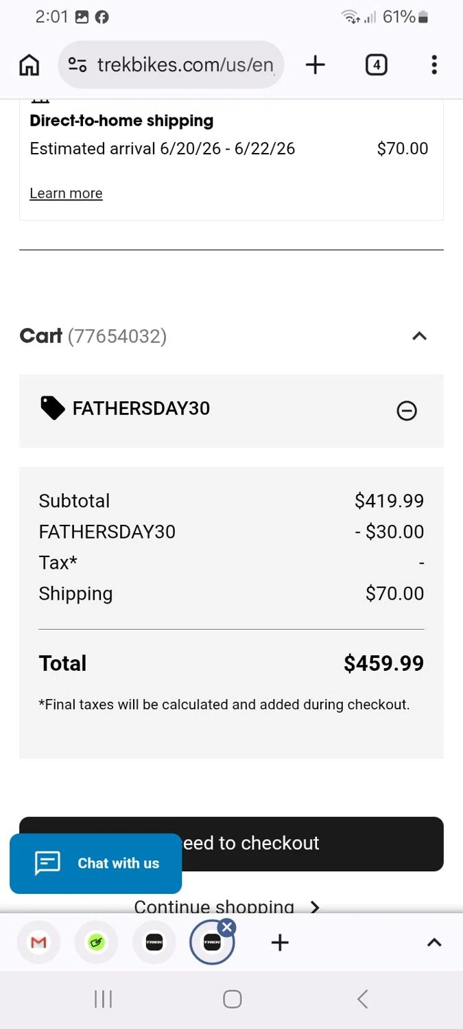 Trek Bicycle promo code screenshot showing code FATHERSDAY30 applied at Trek Bicycle checkout page. Uploaded by SimplyCodes community member ScanMaverick9378 on Jun 18, 2026
