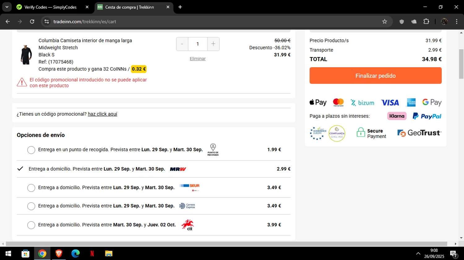 Trekkinn promo code screenshot showing code Wwcas10 applied at Trekkinn checkout page. Uploaded by SimplyCodes community member Luckystrike on Sep 26, 2025