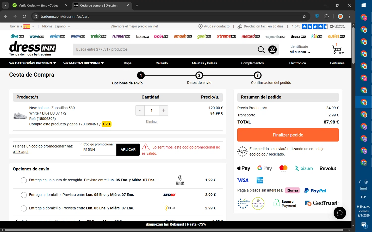 Trekkinn promo code screenshot showing code R15NN applied at Trekkinn checkout page. Uploaded by SimplyCodes community member SalePhoenix823 on Jan 2, 2026