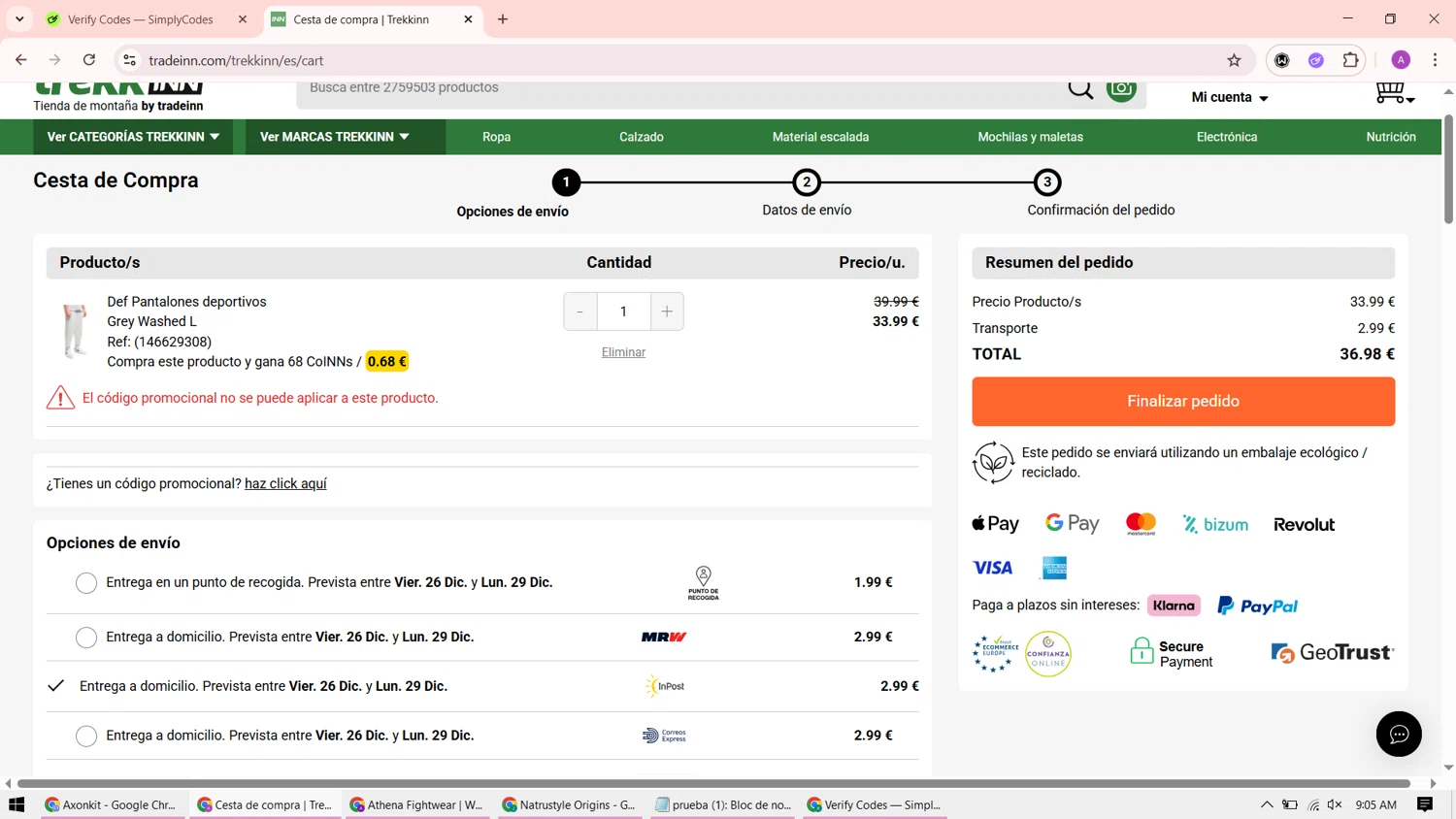 Trekkinn promo code screenshot showing code R15NN applied at Trekkinn checkout page. Uploaded by SimplyCodes community member ShrewdMaverick9198 on Dec 20, 2025