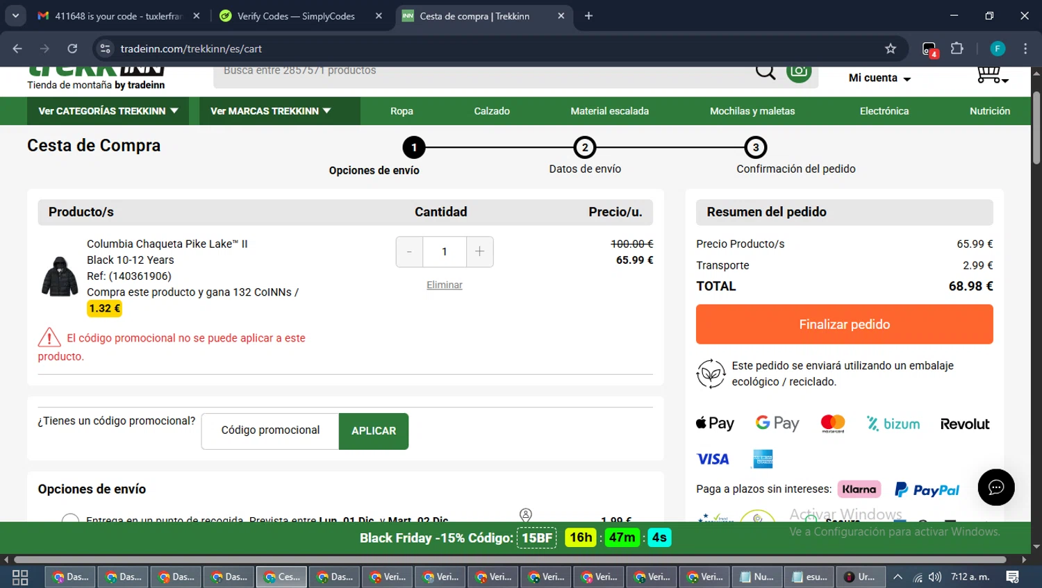 Trekkinn promo code screenshot showing code R15NN applied at Trekkinn checkout page. Uploaded by SimplyCodes community member ShrewdTitan3233 on Nov 28, 2025