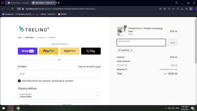 Trelino Toilets checkout page showing Trelino Toilets promo code box | Screenshot taken by SimplyCodes community member on Sep 22, 2023