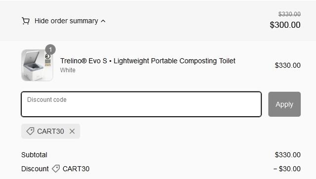 Trelino Toilets checkout page showing Trelino Toilets promo code box | Screenshot taken by SimplyCodes community member on Jul 25, 2023