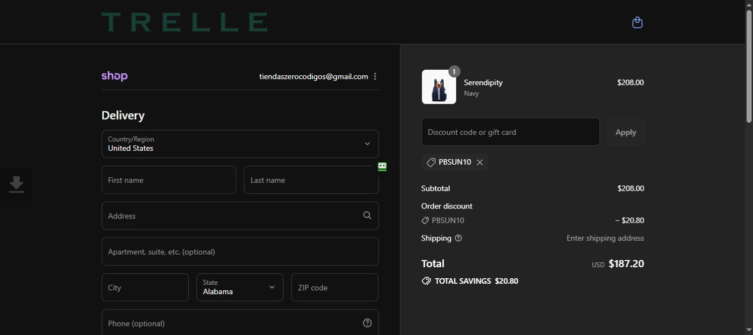 Trelle & Co. promo code screenshot showing code PBSUN10 applied at Trelle & Co. checkout page. Uploaded by SimplyCodes community member 111111 on Sep 6, 2025
