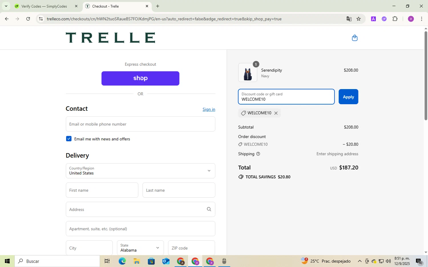 Trelle & Co. promo code screenshot showing code WELCOME10 applied at Trelle & Co. checkout page. Uploaded by SimplyCodes community member Andygar on Sep 12, 2025