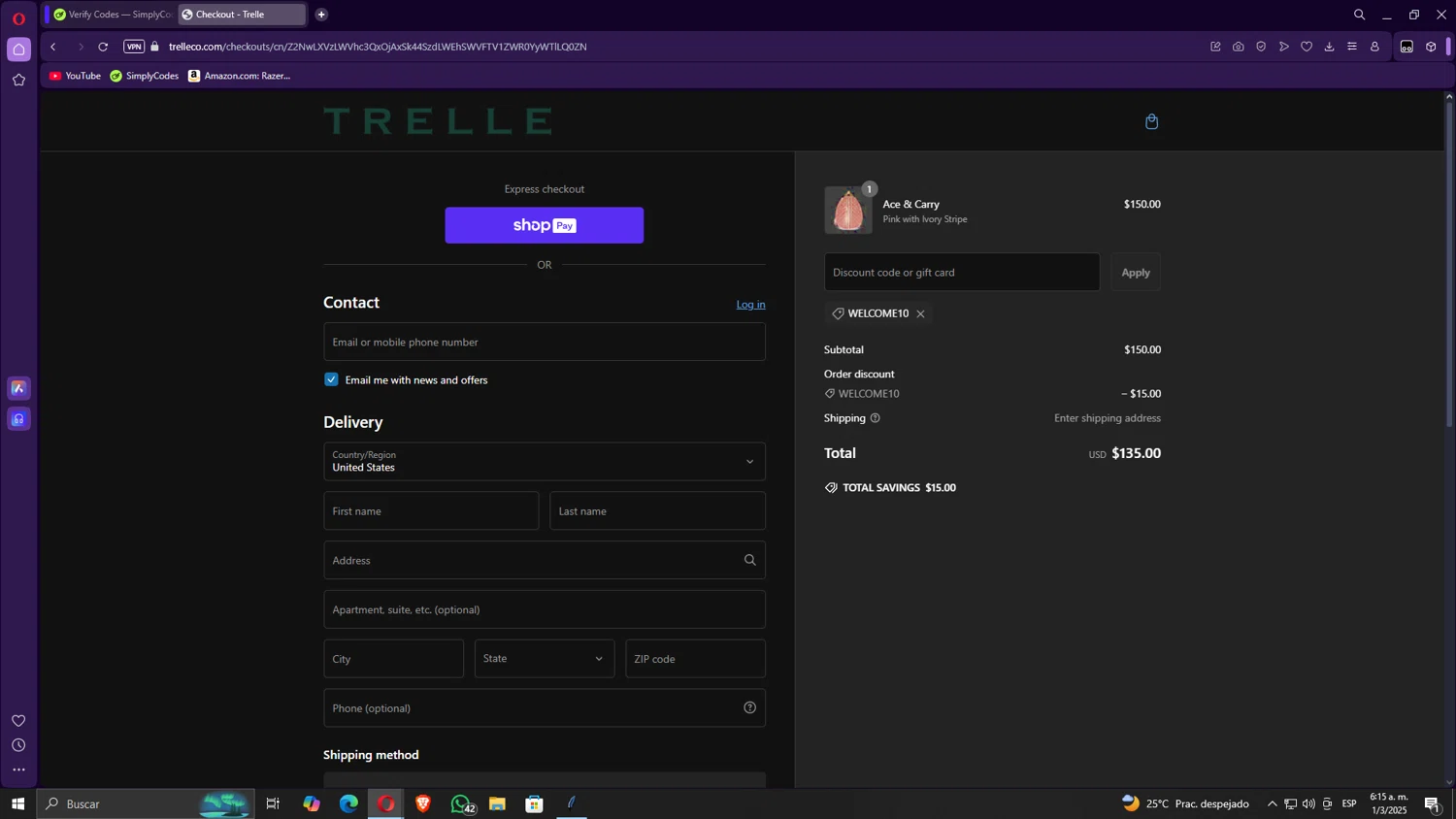 Trelle & Co. promo code screenshot showing code WELCOME10 applied at Trelle & Co. checkout page. Uploaded by SimplyCodes community member Gojira on Mar 1, 2025