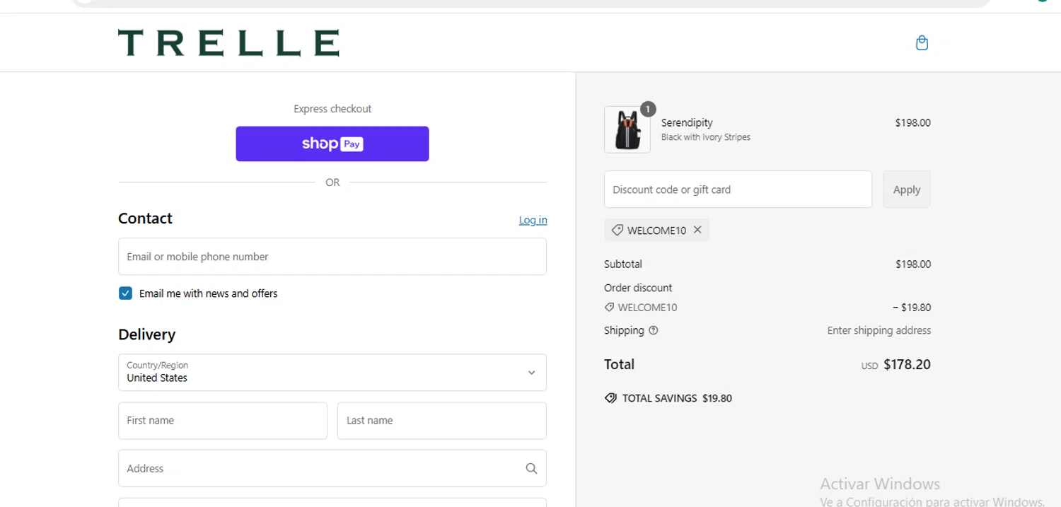 Trelle & Co. promo code screenshot showing code WELCOME10 applied at Trelle & Co. checkout page. Uploaded by SimplyCodes community member barbiem on Mar 1, 2025