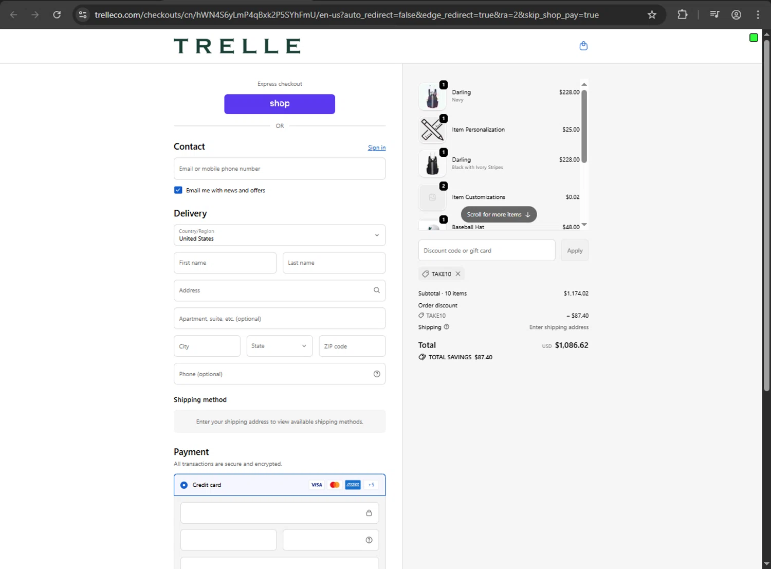 Trelle & Co. promo code screenshot showing code Take10 applied at Trelle & Co. checkout page. Uploaded by SimplyCodes community member RayliMC on Oct 23, 2025