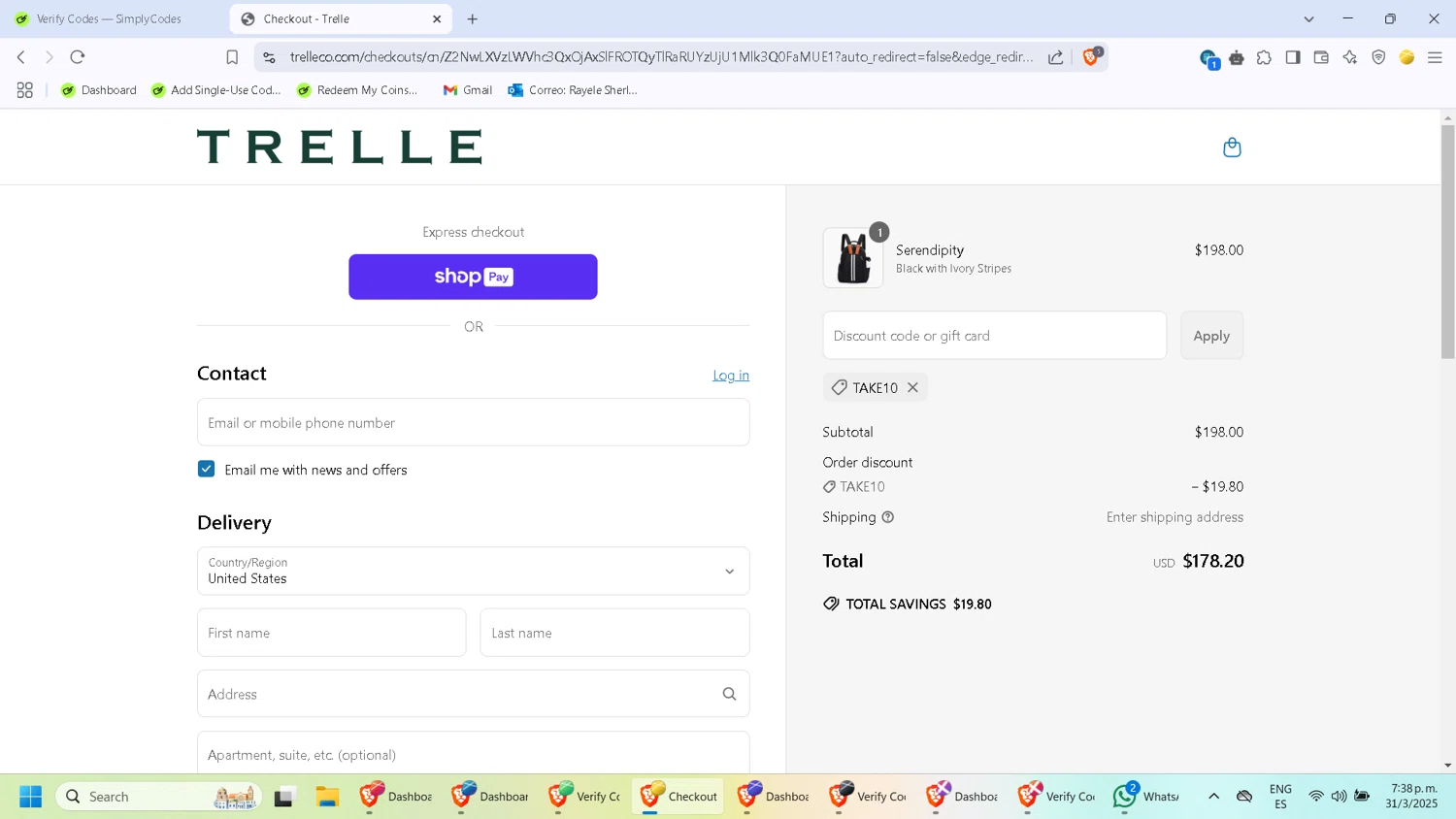 Trelle & Co. promo code screenshot showing code Take10 applied at Trelle & Co. checkout page. Uploaded by SimplyCodes community member CleverMonarch8868 on Mar 31, 2025