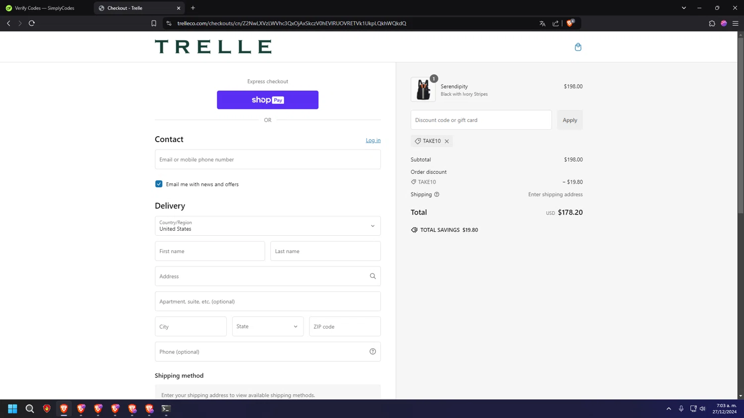 Trelle & Co. promo code screenshot showing code Take10 applied at Trelle & Co. checkout page. Uploaded by SimplyCodes community member INSECTOS on Dec 27, 2024