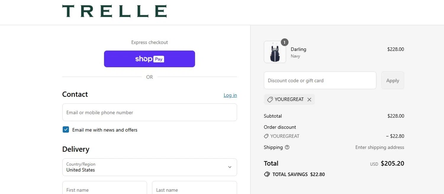 Trelle & Co. promo code screenshot showing code YOUREGREAT applied at Trelle & Co. checkout page. Uploaded by SimplyCodes community member Quemiras on Aug 13, 2025