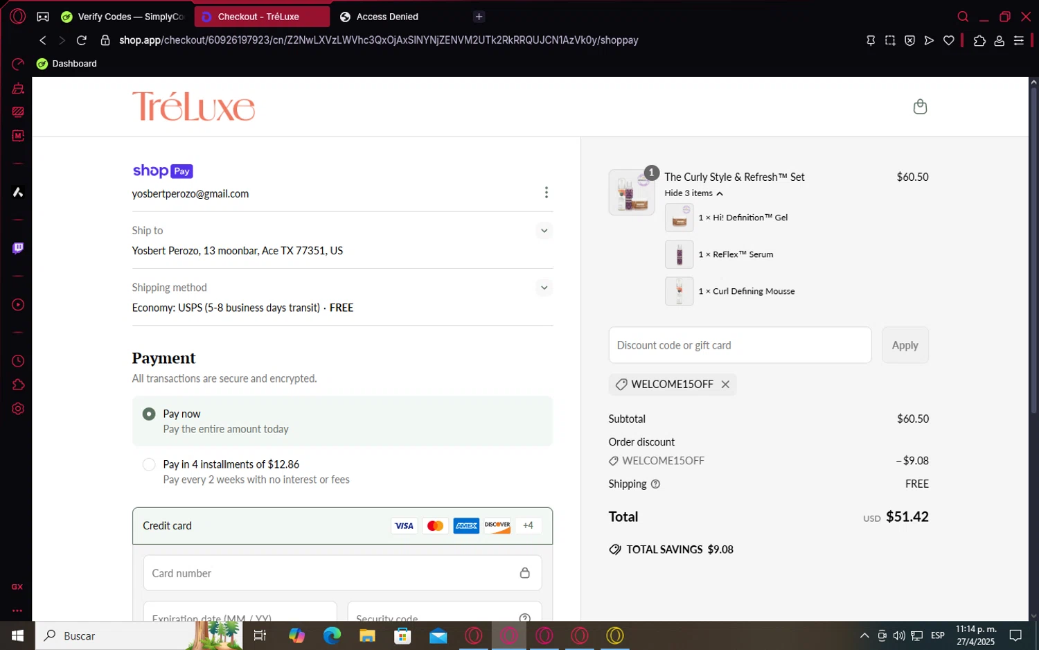 TréLuxe promo code screenshot showing code WELCOME15OFF applied at TréLuxe checkout page. Uploaded by SimplyCodes community member CoinSaver6395 on Apr 28, 2025