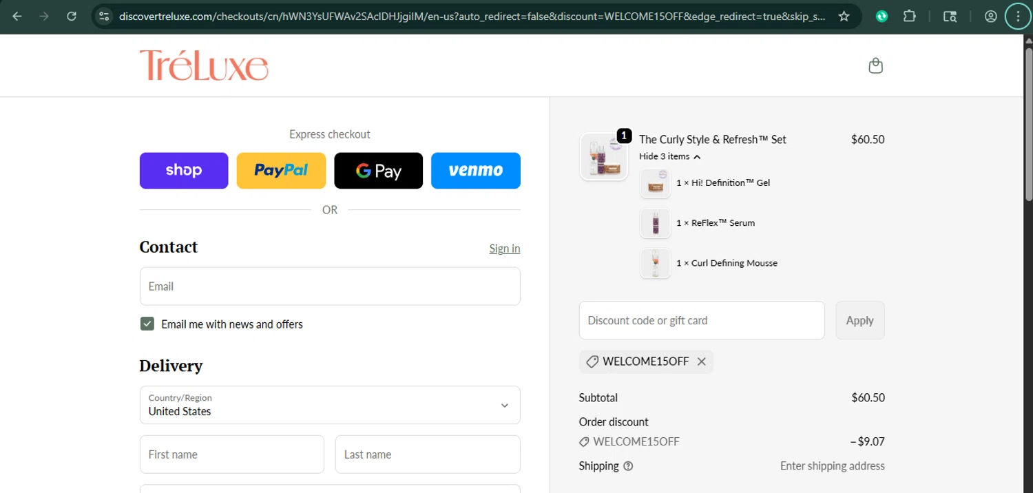 TréLuxe promo code screenshot showing code WELCOME15OFF applied at TréLuxe checkout page. Uploaded by SimplyCodes community member xaswqe on Sep 30, 2025